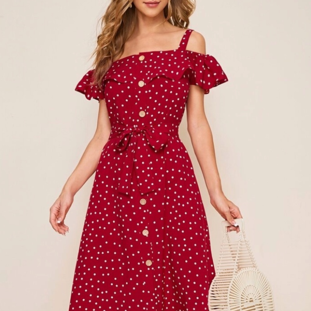 Shein Polka Dot Button Front Flounce Trim Belted Dress